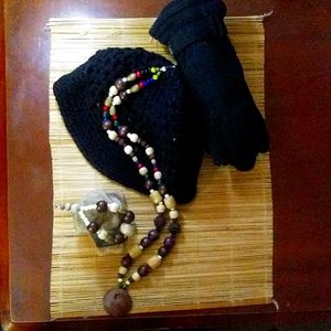 African wood bead necklace and bracket